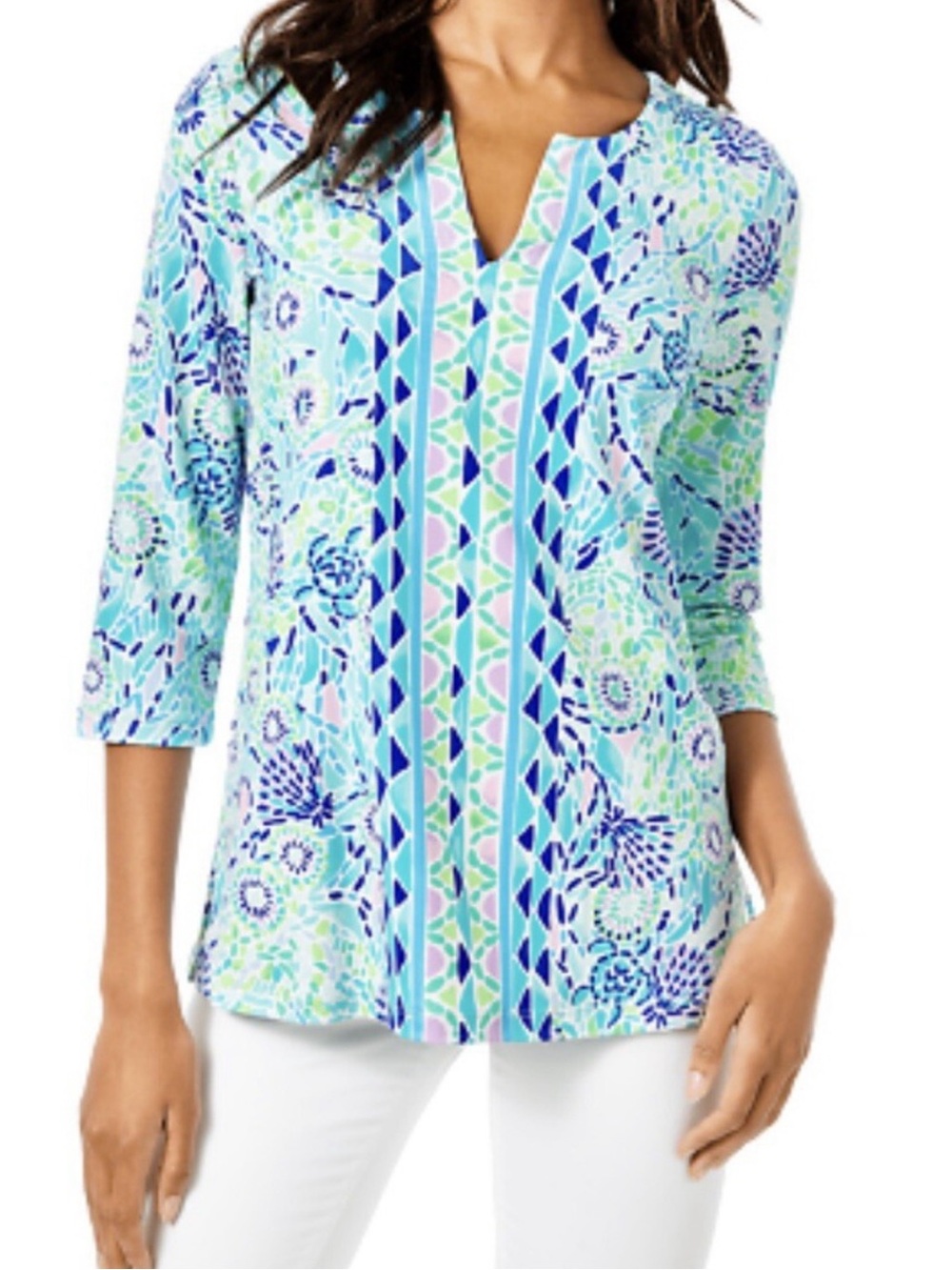 Lilly Pulitzer Karina Blue Ibiza V-Neck 3/4 Sleeve Tunic Top Size L